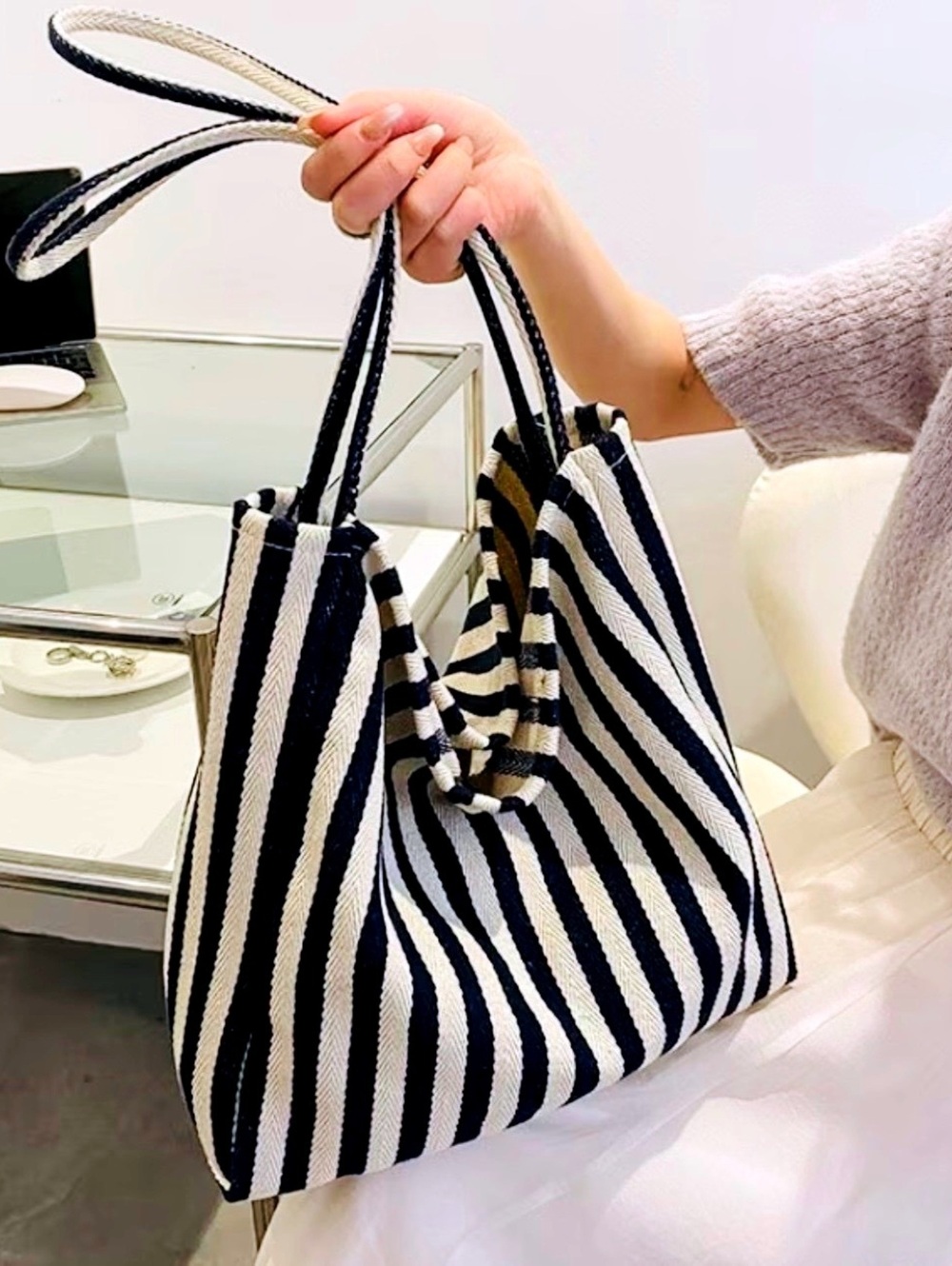 New -Stylish Black & White Striped Tote Bag